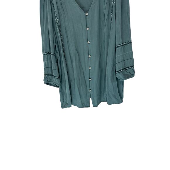 J. Jill Blouse Green V-Neck Work Embroidered Button Up Shirt Large Petite - Picture 4 of 12